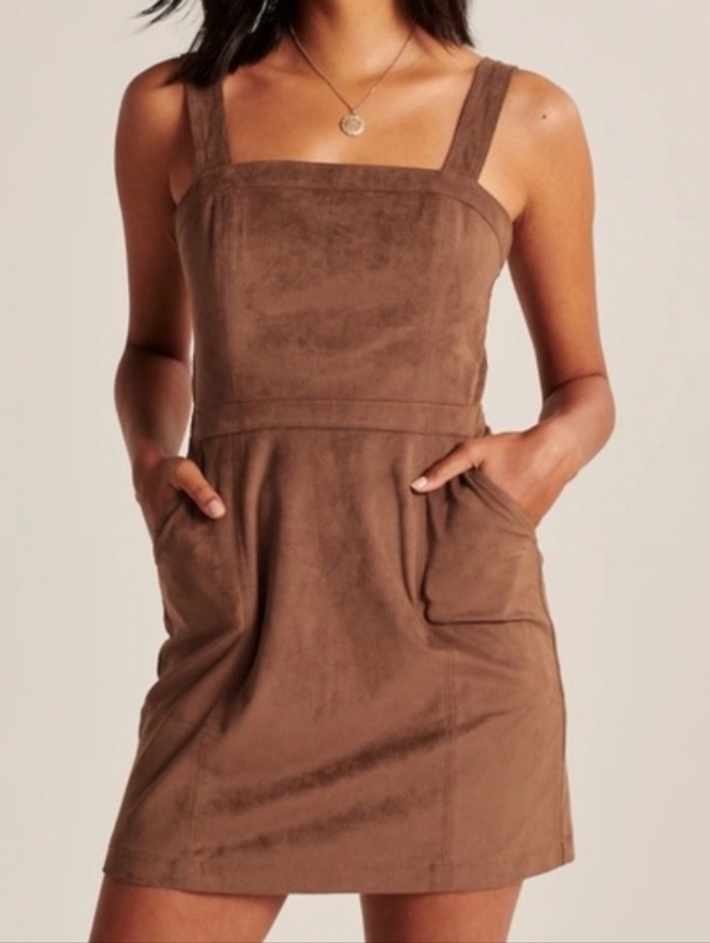 a&f ♡ faux suede pinafore dress overall pockets fall abercrombie & fitch brown